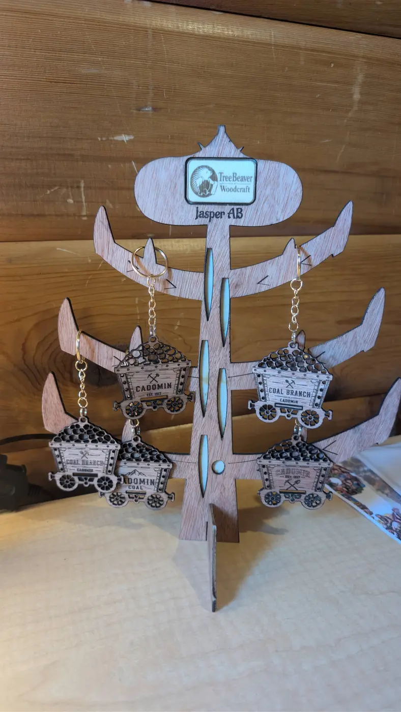Laser-cut coal cart keychains displayed on a wooden tree stand